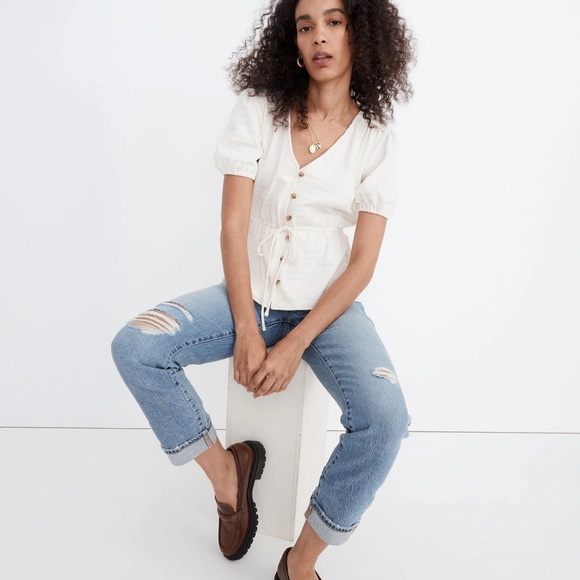 Madewell Puff-Sleeve Drawstring Top Antique Cream Small - Picture 2 of 5